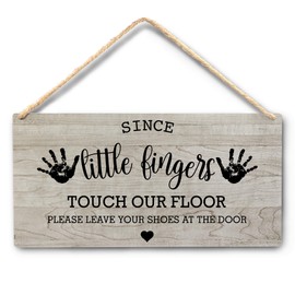 Wall Pediments Shoes Off Sign,Shoes Off Sign for Front Door,Since Little Fingers Touch Our Floor Door Sign,Shoes Off Hanging Welcome Sign for Front Door,12x6 Inches，Wood Grain-6