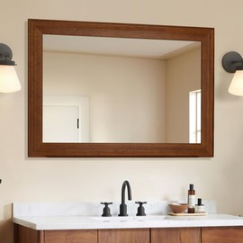 Tanmicoshomy Wood Bathroom Mirror 24 x 36 Inch, S Natural Wood Framed Rectangle Mirrors with Tempered Glass for Living Room Bedroom Office or Entryway (Brown)
