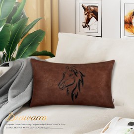 BRAWARM Leather Throw Pillow Cover 12 X 20 Inches - Dark Brown Faux Leather Lumbar Pillow Cover Case, Luxury Horse Embroidery Faux Leather Throw Pillow for Couch Sofa Bed Home Decorative