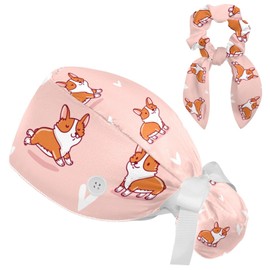 Adjustable Working Cap Pink Cartoon Corgi Bouffant Hat with Buttons Scrub Hat with Bow Hair Scrunchy for Woman