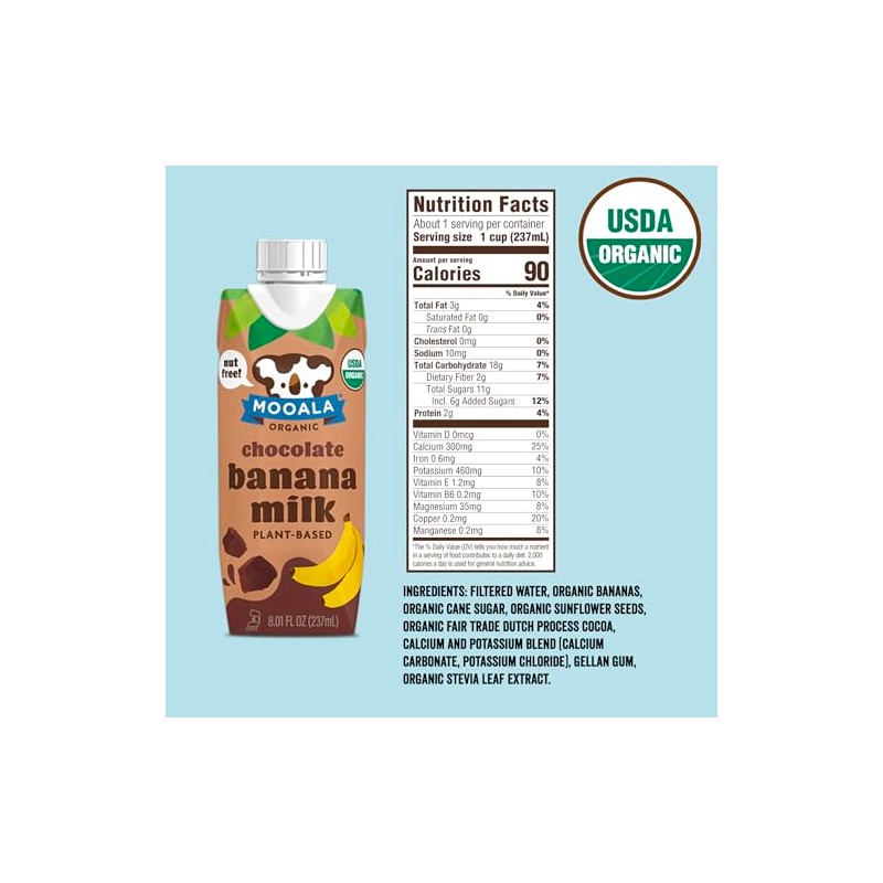 Mooala - Organic Chocolate Bananamilk, Lunchbox Friendly, Shelf-Stable, Non-Dairy, Nut-Free,