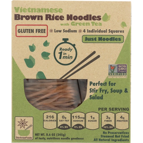 Star Anise Foods Brown Rice Gluten Free Noodles with Green Tea - 24 Servings, 8.6 Oz. Per Box, Pack of 6 Boxes, Pho Noodles Vietnamese, Pad Thai Noodles