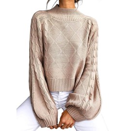 Women's Mock Turtleneck Lantern Sleeve Cable Knit Pullover Sweater Tops Khaki