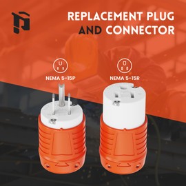 PLUGTUL Extension Cord Ends Male and Female, Replacement Plug & Connector Set, 3 Prong, 15Amp, 125Volt, NEMA 5-15P & NEMA 5-15R, ETL Listed, Orange