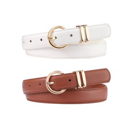 AWAYTR 2 Pcs Kids Girls Leather Belt, Fashion Gold Buckle Belts for Teen Girls Jeans Dress, Brown/White, Fit Waist 30-34 in