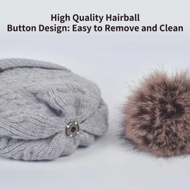 Winter Beanie Hat Scarf Gloves Set for Women, Classic Beanie with Removable Pom Pom Long Scarf Touchscreen Gloves 3 in 1 Set, Grey, One Size