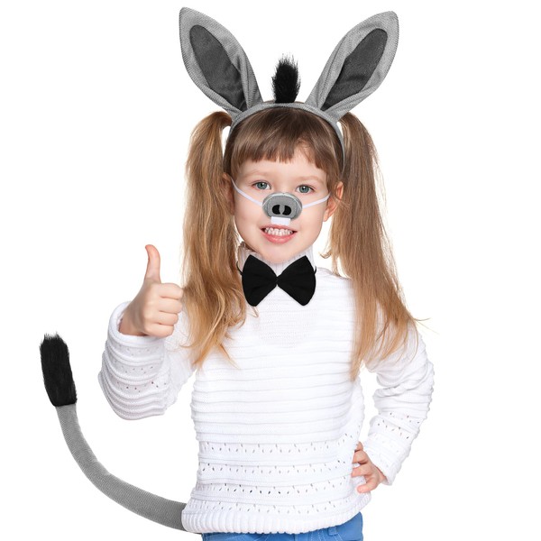 Lurrose Donkey Costume Set, Grey Donkey Ears Headband Bowtie Tail