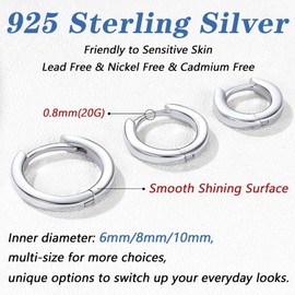 Silvora 10mm Hoop Silver Earrings for Woman Pure Silver Glossy Smoothy Hoops Earring Sterling Silver Ladies Earrings 925