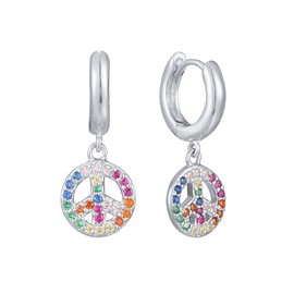 Peace Sign Huggie Hoop Earrings for Women Girls – Sterling Silver Post & Gold Plated Rainbow CZ Jewellery, Hypoallergenic Lightweight Dangle Drop for Sensitive Ears (Silver)