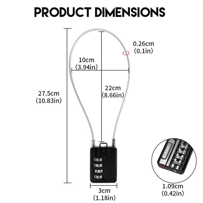 RESET-200 4 Digit Combination Padlock with 50 cm Steel Cable,High