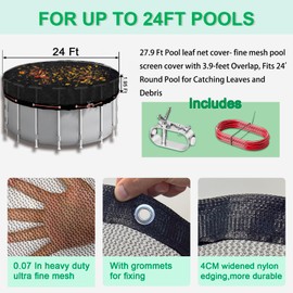 Leaf Net Pool Cover 24 Ft Round Above Ground, Heavy-Duty Mesh Swimming Pool Leaf Net Cover with Winch & Cable for Leaves and Debris, 0.07in Dense Mesh Pool Cover, Pool Leaf Netting Size: 27.9FT