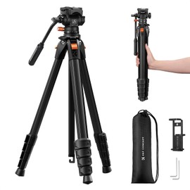 K&F CONCEPT 73” Camera Tripod with Fluid Head, Aluminum Travel Tripod for Video, Smooth Pan/Tilt for DSLR Mirrorless Camcorder, Max Load 6.6lb, for Live Streaming Vlog & Spotting Scope
