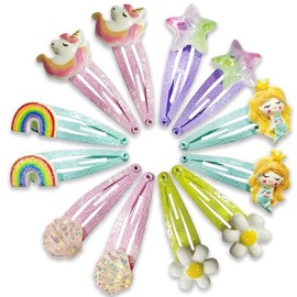 12 Pcs Girls Unicorn, Rainbow, Shell, Mermaid Hair Clips | Snap Clips with Cute Flower Pattern Barrettes Hair Pins Sparkly Hair Accessories for Toddler Little Girl Birthday Party Gifts