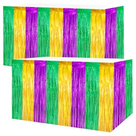 2 Packs Mardi Gras Table Skirts Metallic Foil Fringe Curtain Tinsel Table Skirt Streamer Backdrop for Mardi Gras Carnival St Patrick Party Decorations, 29.5x108 Inch
