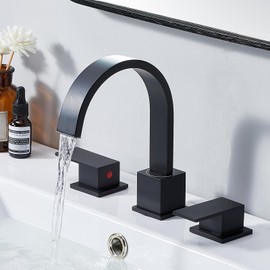 VESLA HOME Matte Black Bathroom Faucet 3 Hole, 2 Handles Widespread Bathroom Sink Faucet with Pop Up Drain & Supply Hoses Waterfall Spout