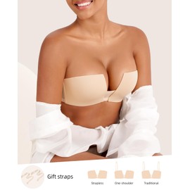 Upushall Women's Strapless Bra Push Up Padded Non Slip Underwire Plunge Bras Seamless Nude,38D