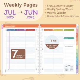 SUNEE Elementary Student Planner 2025-2026, Academic Year Jul. 2025 - Jun. 2026, 8.5"×11" School Planner, Datebooks Weekly & Monthly Plan Book with 3-Hole Punched/Bookmark/Monthly Tabs, Beige Rainbow