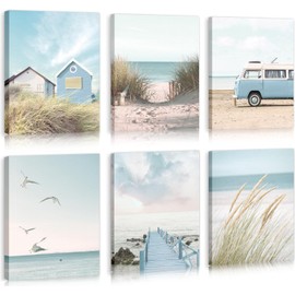 HPNIUB Beach Canvas Pictures Tropical Summer Ocean Coastal Poster 6 Framed Pictures Sea (20 x 25 cm), Maritime Surfboard Decoration Set for Bathroom Girls Room, California Beach Picture Bathroom