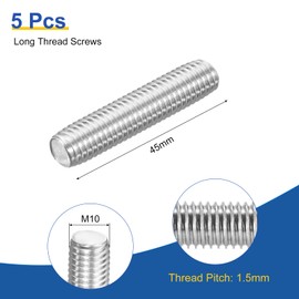 sourcing map M10x45mm Fully All Threaded Rod, 5Pcs 316 Stainless Steel Long Threaded Screw 1.5mm Thread Pitch Right Hand Threads for Furniture Mounting Assembly Fastening