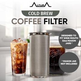 Altura The TUBE Cold Brew Coffee Maker and Tea Infuser for Wide Mouth Mason Jars - Stainless Steel Cold Brew Filter Strainer for Iced Coffee, Fruit Water & More - (32oz/1qt)