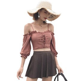 Teddy hys2198 Women's Off Shoulder Ruffle Lace Up Bikini Skirt Short 3-Piece Set, red (bordeaux)