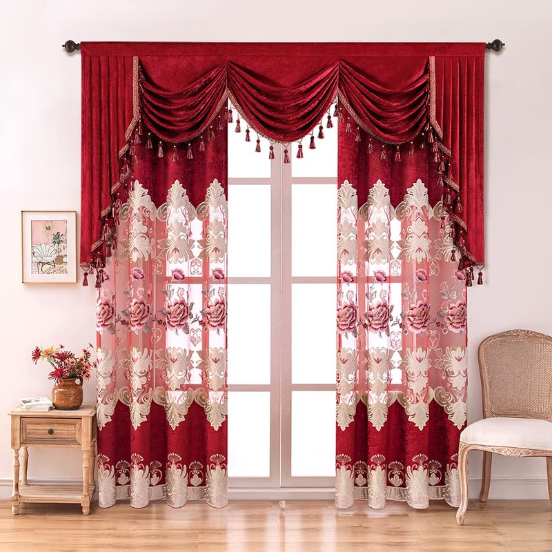 ELKCA Luxury Burgundy Red Chenille Floral Embroidered Curtains for Bedroom