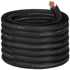 12/4 Wire 12 Gauge SOOW Wire 12AWG SOOW Portable Power Cable 12 Gauge 4 Conductor Electric Cable Extension Cord for NEMA 14-20amp Generator,Welder Machine,Portable Light,EV Car Charger,Motor Lead-50ft