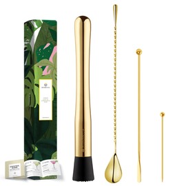 Homestia 4 Pcs Muddler for Cocktails, 10 Inch Muddler,12 Inch Bar Spoon, 7.5'' Swizzle Sticks and 4'' Cocktail Picks, Stainless Steel Cocktail Accessories for Drink Mojitos and Fruit Drinks (Gold)