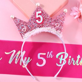 Vovii Birthday Girl Headband with Pearl & Sash Set for 5th Birthday Decorations for Girls, Princess Crown Headband for 5 Year Old Girl Outfit Gift Dress