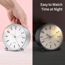 pxy Cute and Safe Alarm Clock for Kids Battery Powered (Battery Include), 4" Analog Super Silent Analog Alarm Clock with Night Light519 Silver&White