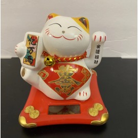 Cal Mart Gifts Solar Powered  Porcelain Maneki Neko Beckoning Hands Waving Fortune Cat-Gold(黄金）