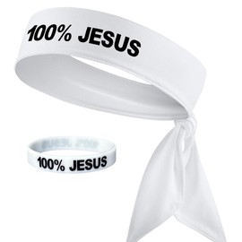 100% Jesus Sports Head Tie Headband & Silicone Wristband Soccer Fútbol Football White Black Athletics Fitness Stretch Sweatband Bandana Men's Women's Teens Youth Sweat Band Head Tie Back - Headband & Wristband: 1 White Headband + 1 White Wristband