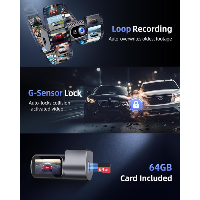 CIEVIE Dash Cam Front 4K-1.5" IPS Display+5GHz WiFi+64G Card, 360°