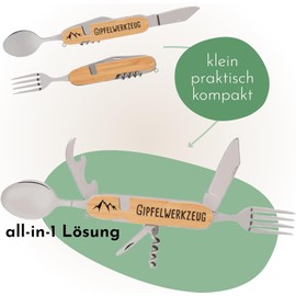Gipfelgaudi All-in-One Camping Cutlery: Ideal for Hiking, Picnics & More, Plastic-Free Cutlery To Go Made of Rustproof Stainless Steel and Wood