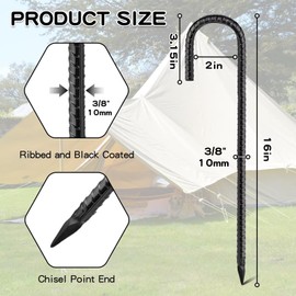Black Rebar Stakes J Hook Extra Heavy-Duty,Feed Garden 16in 20 Pack Galvanized Ground Anchors Rebar Tent Stakes for Trampoline Tarps Yard Art Camping Swings Plants Landscape Fabric Artificial Turf