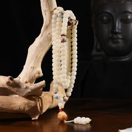 Mansiyuyee Natural White Bodhi Seed 108 Mala Beads Bracelet for Women with Lotus Buddhist Prayer Beads Necklace