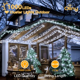 Ollny Outdoor Cluster Christmas Lights - 15m 1000LEDs Xmas Tree Fairy Lights Mains Powered Plug in with 8 Modes/Timer/Remote, Bright Waterproof String Lights for Garland Outside Indoor Decoration
