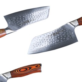 TUO Cutlery Cleaver Knife - Japanese AUS-10 Damascus Steel Hammered Finish - Chinese Chef's Knife for Meat and Vegetable with Ergonomic Pakkawood Handle - 7" - Fiery Phoenix Series
