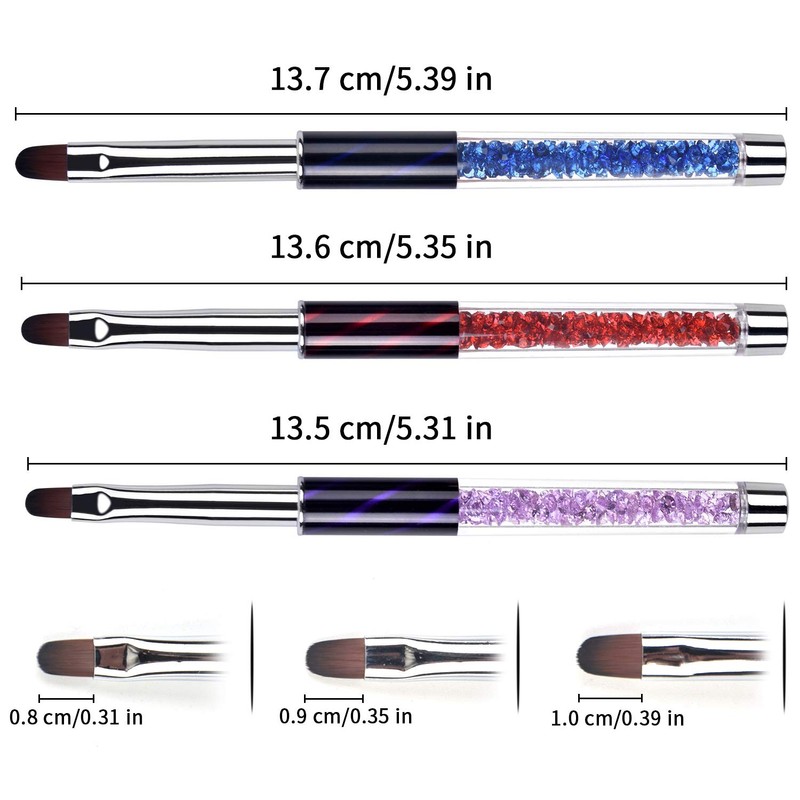 Ycyan 3Pcs Oval Gel Nail Brush Set Rhinestone Handle Professional