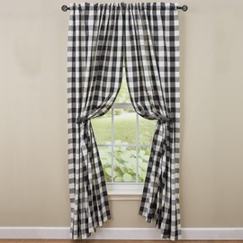 Park Designs Black Cream Buffalo Check Lined Curtains 84 Inch Length, Pair of Two Long Room Darkening Thick Cotton Drapes, 2 Set Neutral Country Window Panels for Farmhouse Living Room Decor