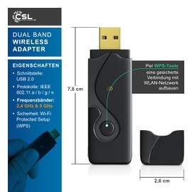 CSL - USB WLAN Stick, DualBand 2.4GHz & 5GHz and 300 Mbps, USB WiFi Adapter for PC/Desktop/Laptop, Compatible with Windows 7-11, WLAN USB Adapter