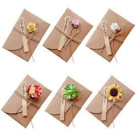 YHIJSR 6 Piece Greeting Card Set Blank Handmade Retro Kraft Paper Card and Envelope Blank with Dried Flowers for Thanksgiving Day Valentine's Day Mother's Day Flowers 7.1 cm x 10.5 cm