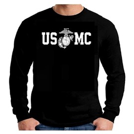 Lucky Ride Marine Corps Bull Dog Front and Back USMC Men's T-Shirt Longsleeve, Black, L