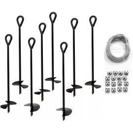 Ashman Online 8 Pack Ground Anchor 15 Inch Auger With 100 Ft Of Galvanized Wire With Clamps