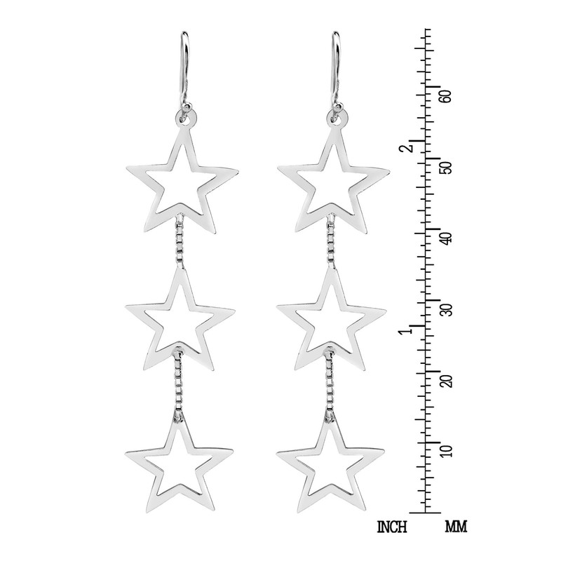 Triple Retro Open Star Link .925 Sterling Silver Dangle Earrings