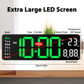 13 inch Large Digital Wall Alarm Clock with Remote Control Large LED Display Wall Clock Adjustable Brightness Count Up & Down Timer with Day/Date/Temperature for Home Gym Office and Classroom