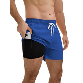 YnimioAOX Men’s Swim Trunks 5 Inch with Compression Liner 2 in 1 Quick Dry Swimming Shorts Bathing Suits with Pockets,Dark Blue,S