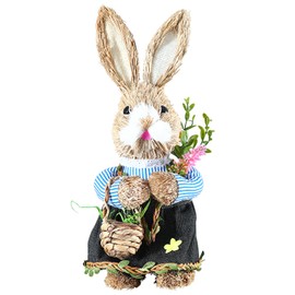 UAEYW Easter Straw Bunny Figurine Decorations,13 Inch Standing Rabbit Statue Holding Basket Hand-Woven Straw Artificial Animal for Spring Garden Decor Festival Home Table Ornament (Mrs)