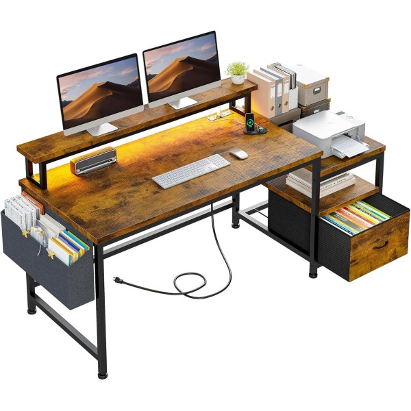 56.5" Computer Desk with File Drawers Cabinet Office Desk Shelves
