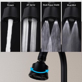 iFealClear Kitchen Sink Faucet Head with Metal Ball Joint, 360° Swivel Faucet Sprayer Head, Big Angle Faucet Aerator Adapter 55/64-27UNS Female Thread, 4 Spray Modes, Extra Brass Adapters, Matte Black